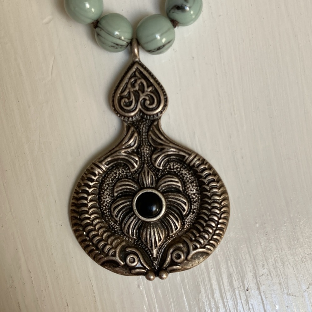 Amulet Pendant Necklace, Lucite Turquoise beads, silver plated box chain